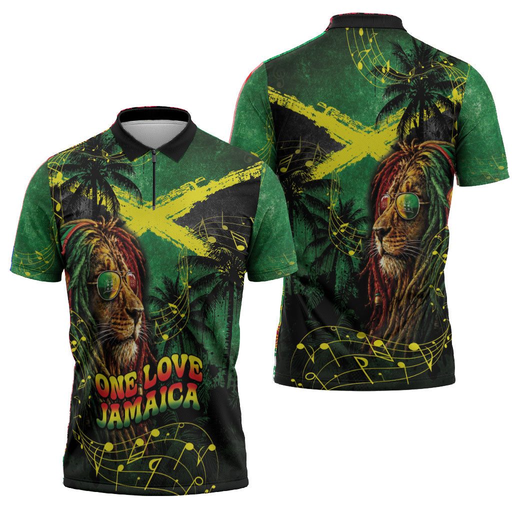 One Love Jamaica Zipper Polo Shirt Rastafarian Lion Reggae Grunge Style