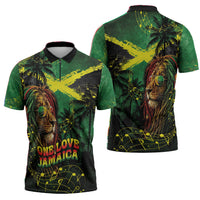 One Love Jamaica Zipper Polo Shirt Rastafarian Lion Reggae Grunge Style