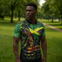 One Love Jamaica Zipper Polo Shirt Rastafarian Lion Reggae Grunge Style