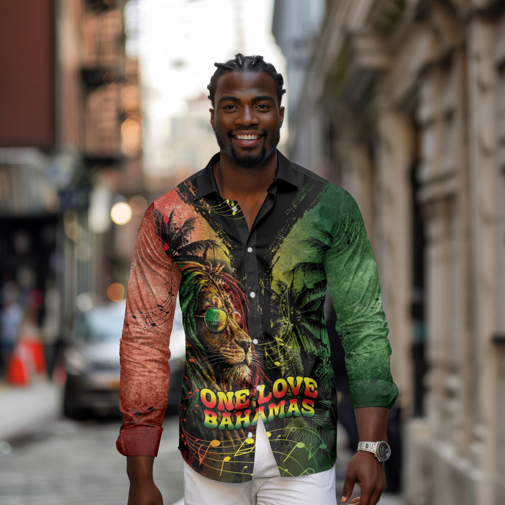 One Love Bahamas Long Sleeve Button Shirt Rastafarian Lion Reggae Grunge Style