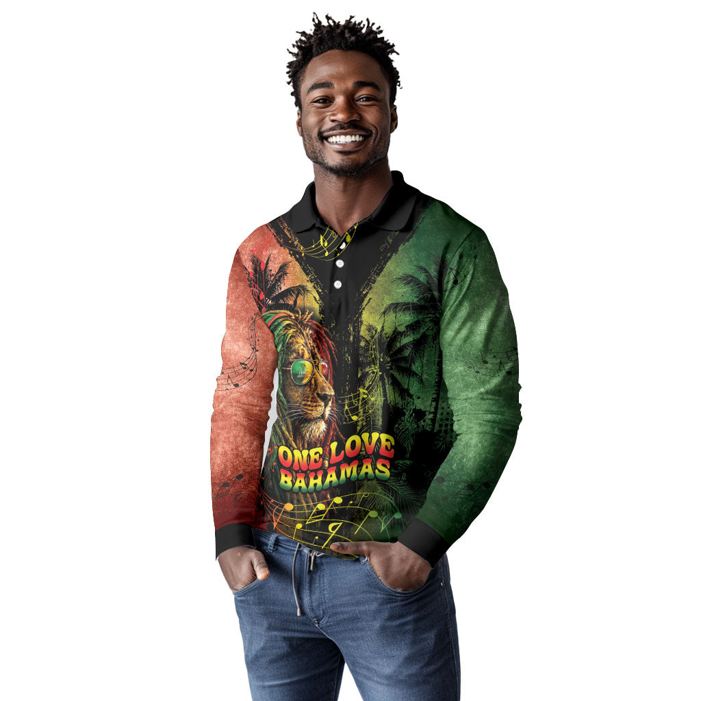 One Love Bahamas Long Sleeve Polo Shirt Rastafarian Lion Reggae Grunge Style