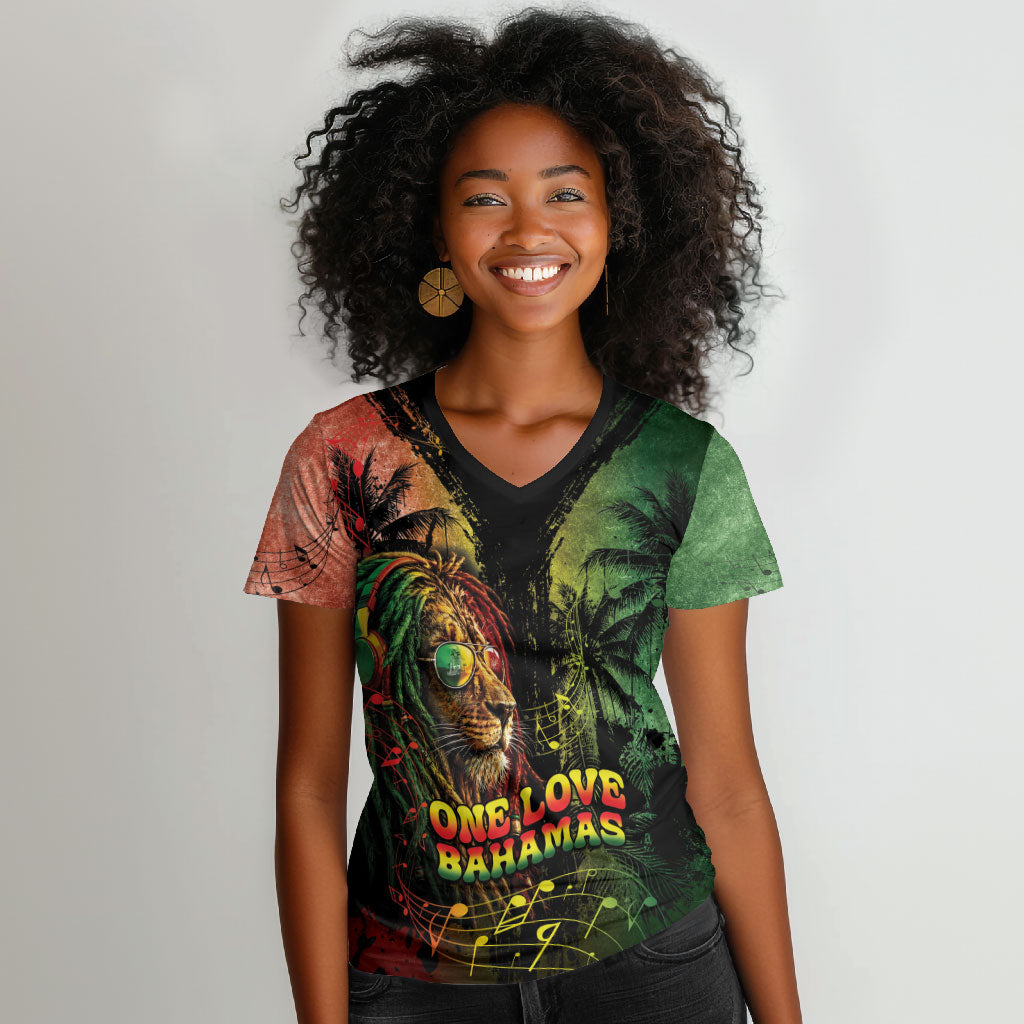 One Love Bahamas Women V-Neck T-Shirt Rastafarian Lion Reggae Grunge Style