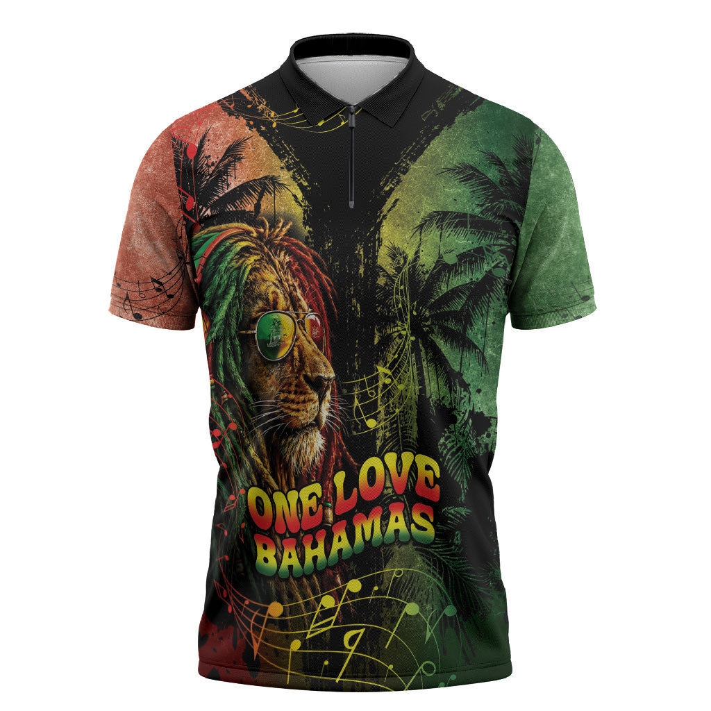 One Love Bahamas Zipper Polo Shirt Rastafarian Lion Reggae Grunge Style