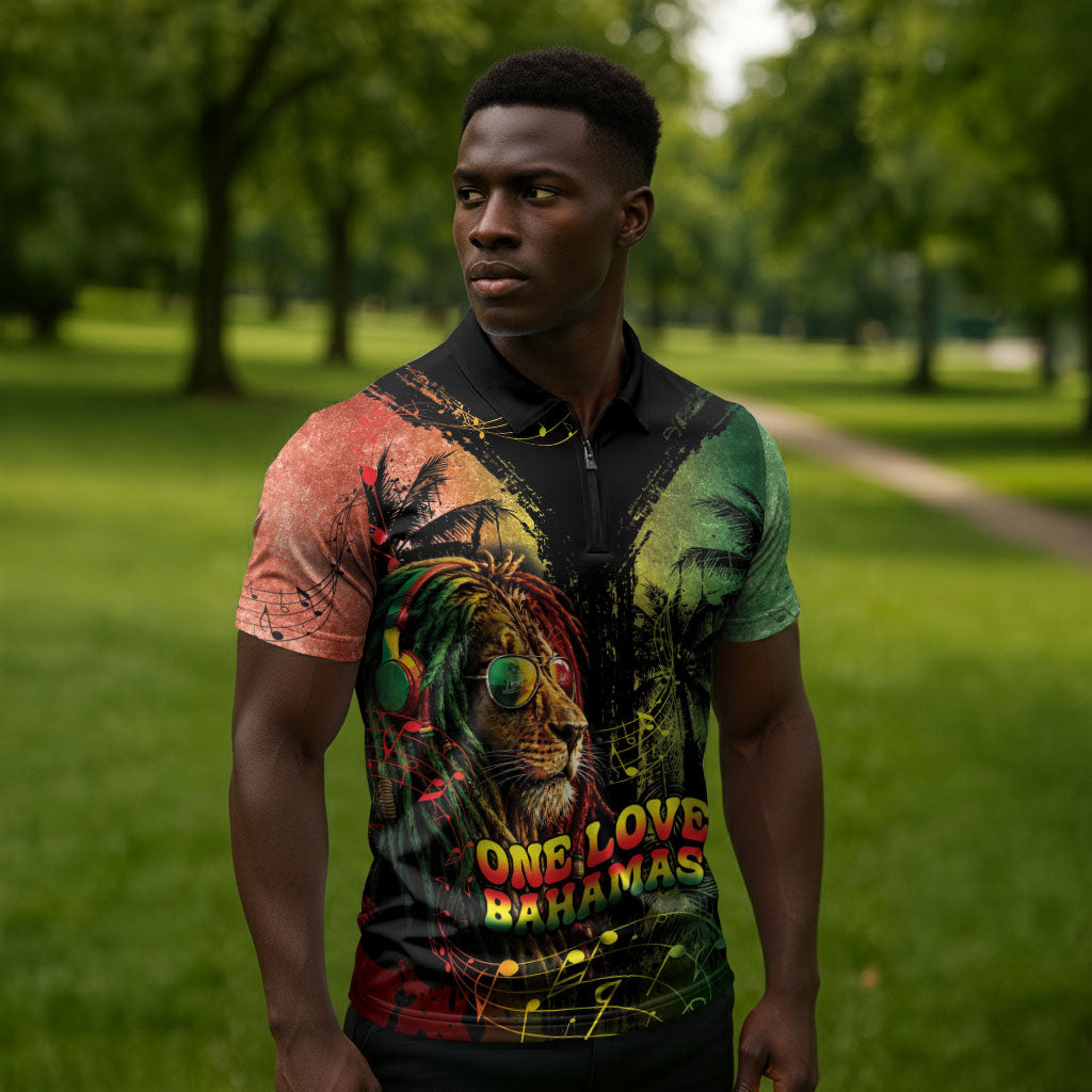 One Love Bahamas Zipper Polo Shirt Rastafarian Lion Reggae Grunge Style
