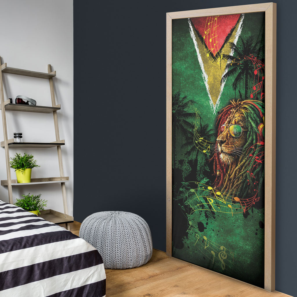 One Love Guyana Door Cover Rastafarian Lion Reggae Grunge Style