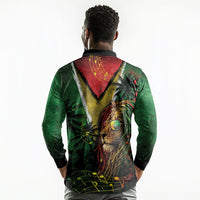 One Love Guyana Long Sleeve Polo Shirt Rastafarian Lion Reggae Grunge Style