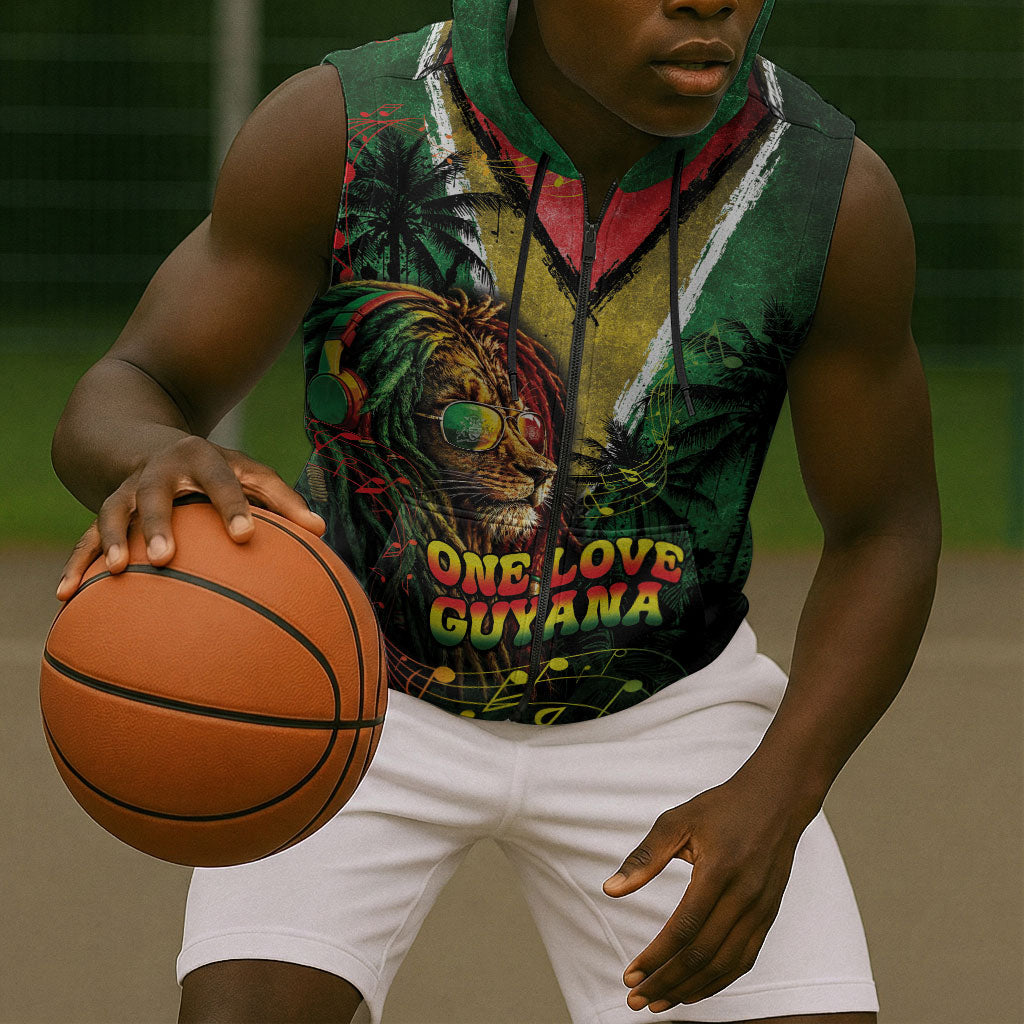 One Love Guyana Sleeveless Zip Hoodie Rastafarian Lion Reggae Grunge Style