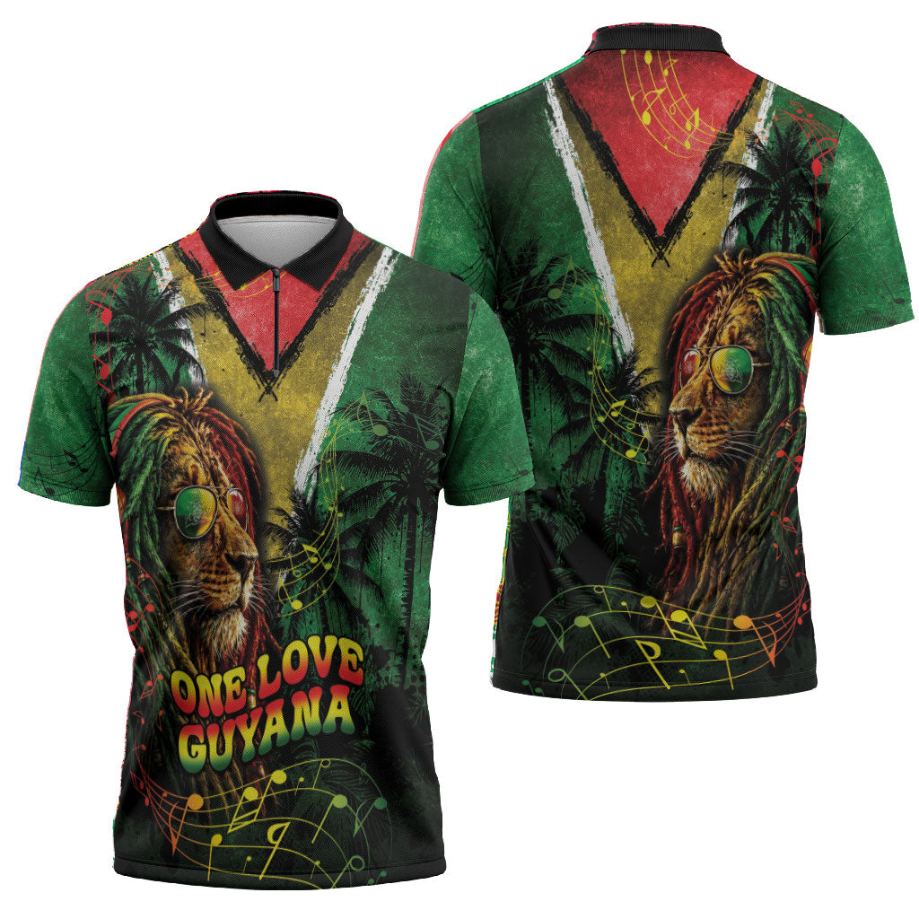 One Love Guyana Zipper Polo Shirt Rastafarian Lion Reggae Grunge Style