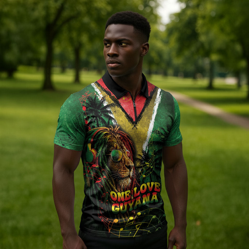 One Love Guyana Zipper Polo Shirt Rastafarian Lion Reggae Grunge Style