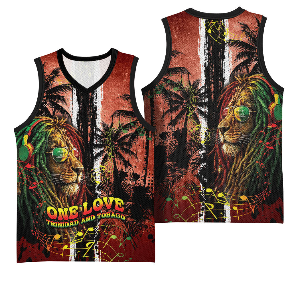 One Love Trinidad And Tobago Basketball Jersey Rastafarian Lion Reggae Grunge Style
