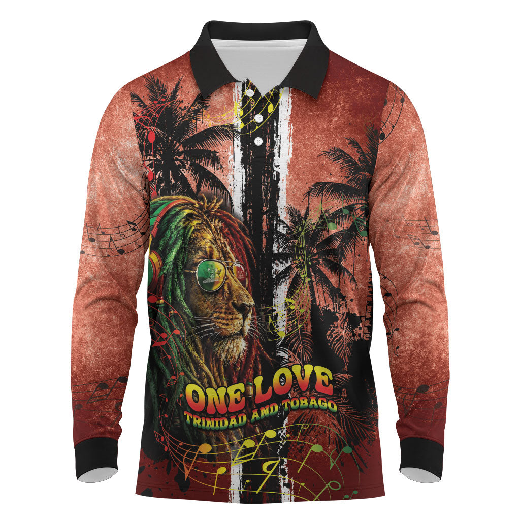 One Love Trinidad And Tobago Long Sleeve Polo Shirt Rastafarian Lion Reggae Grunge Style