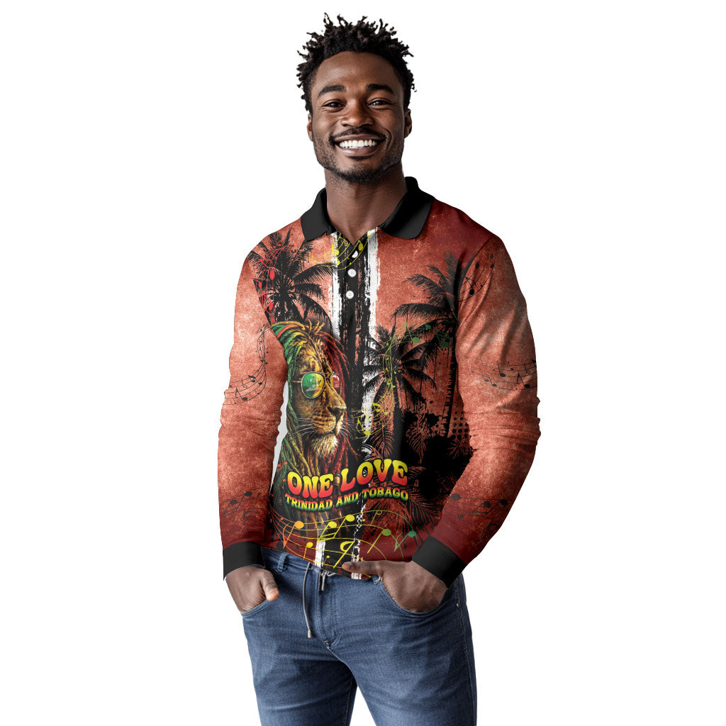 One Love Trinidad And Tobago Long Sleeve Polo Shirt Rastafarian Lion Reggae Grunge Style