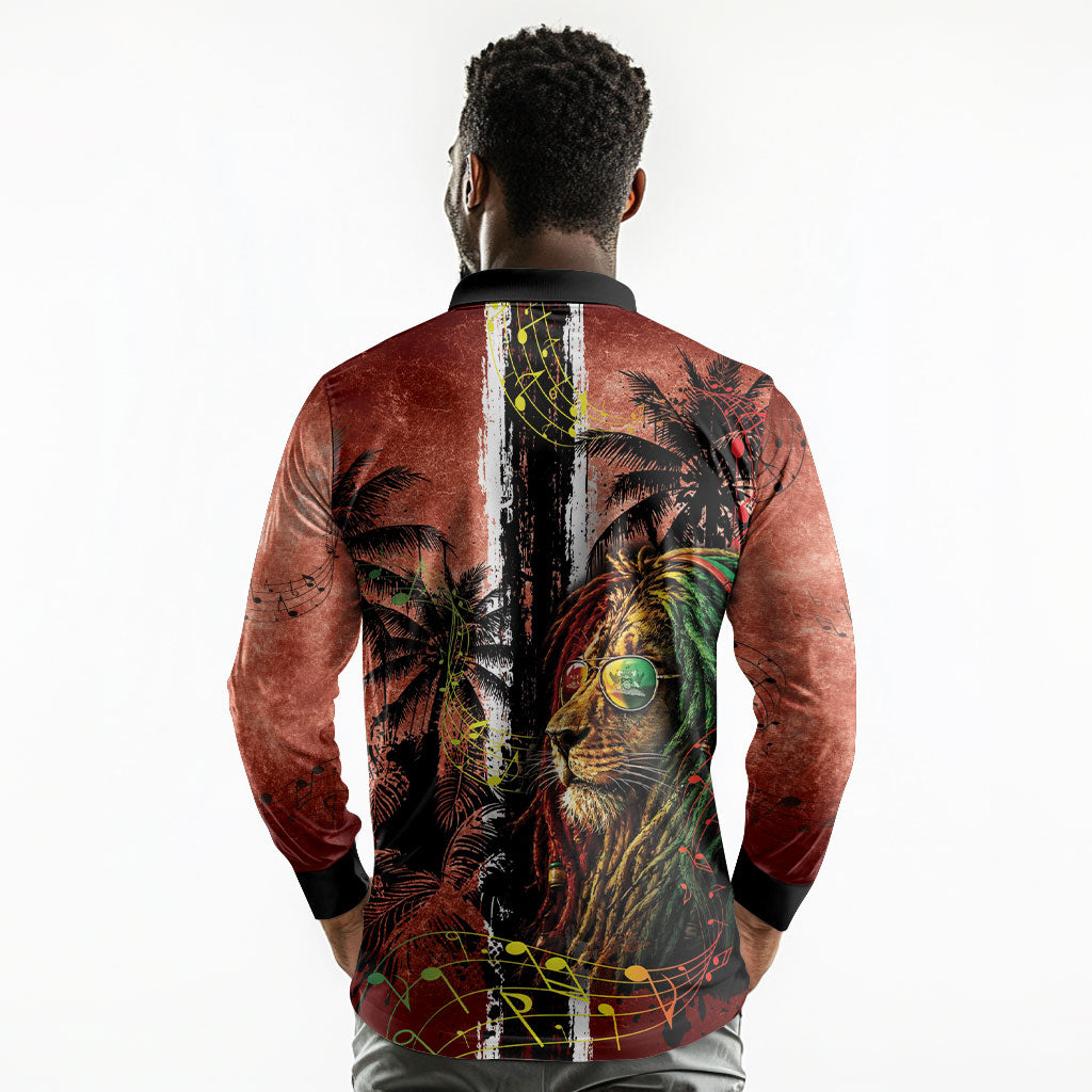 One Love Trinidad And Tobago Long Sleeve Polo Shirt Rastafarian Lion Reggae Grunge Style