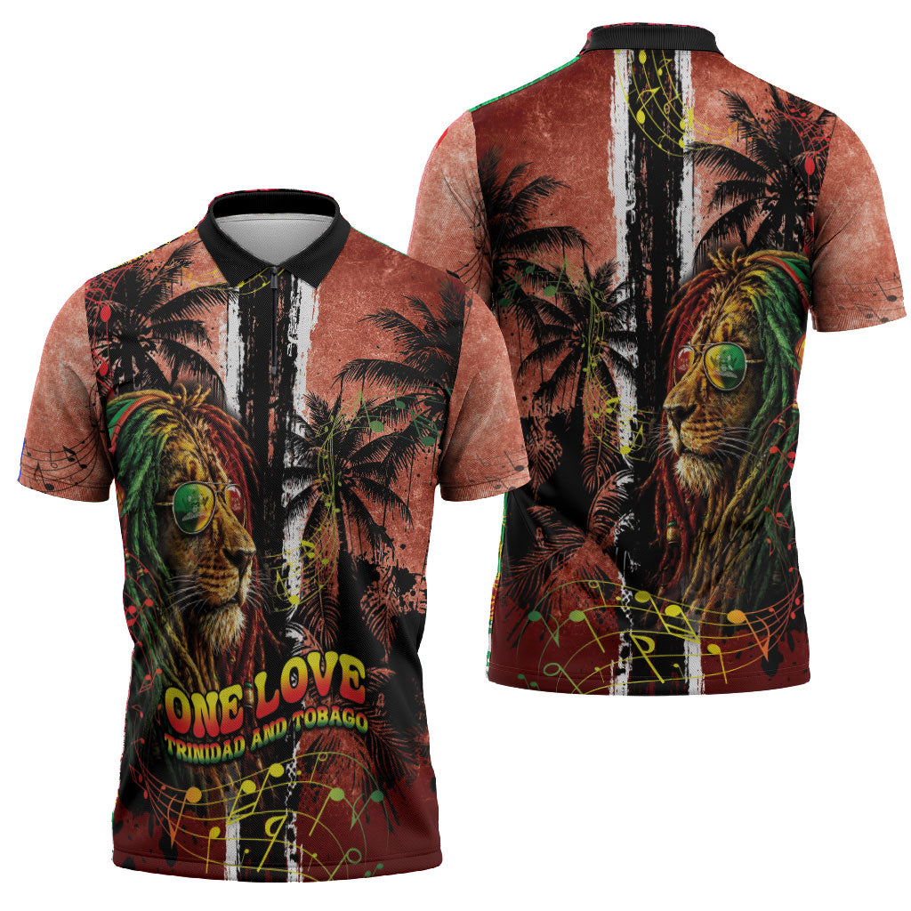 One Love Trinidad And Tobago Zipper Polo Shirt Rastafarian Lion Reggae Grunge Style