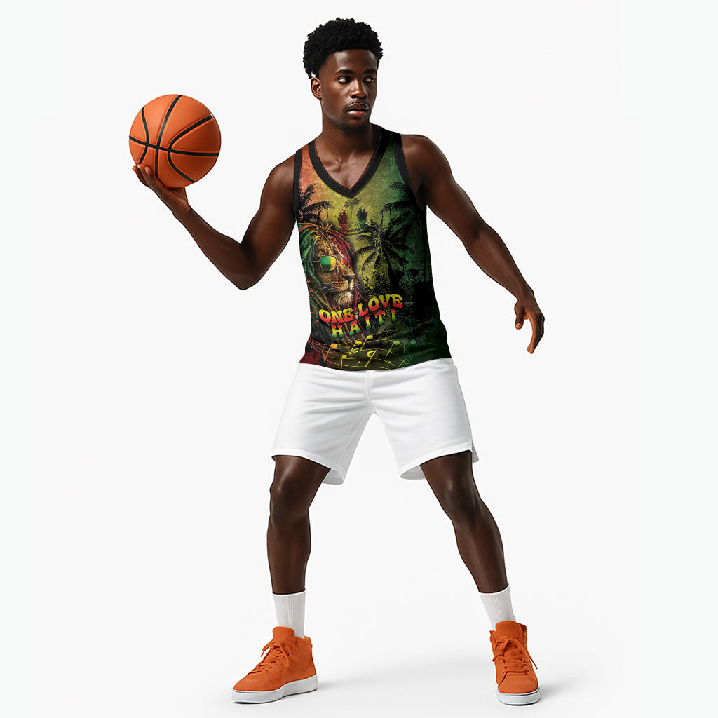 One Love Afro Haiti Basketball Jersey Rastafarian Lion Reggae Grunge Style