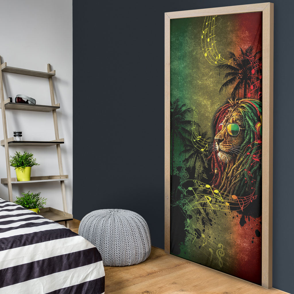 One Love Afro Haiti Door Cover Rastafarian Lion Reggae Grunge Style