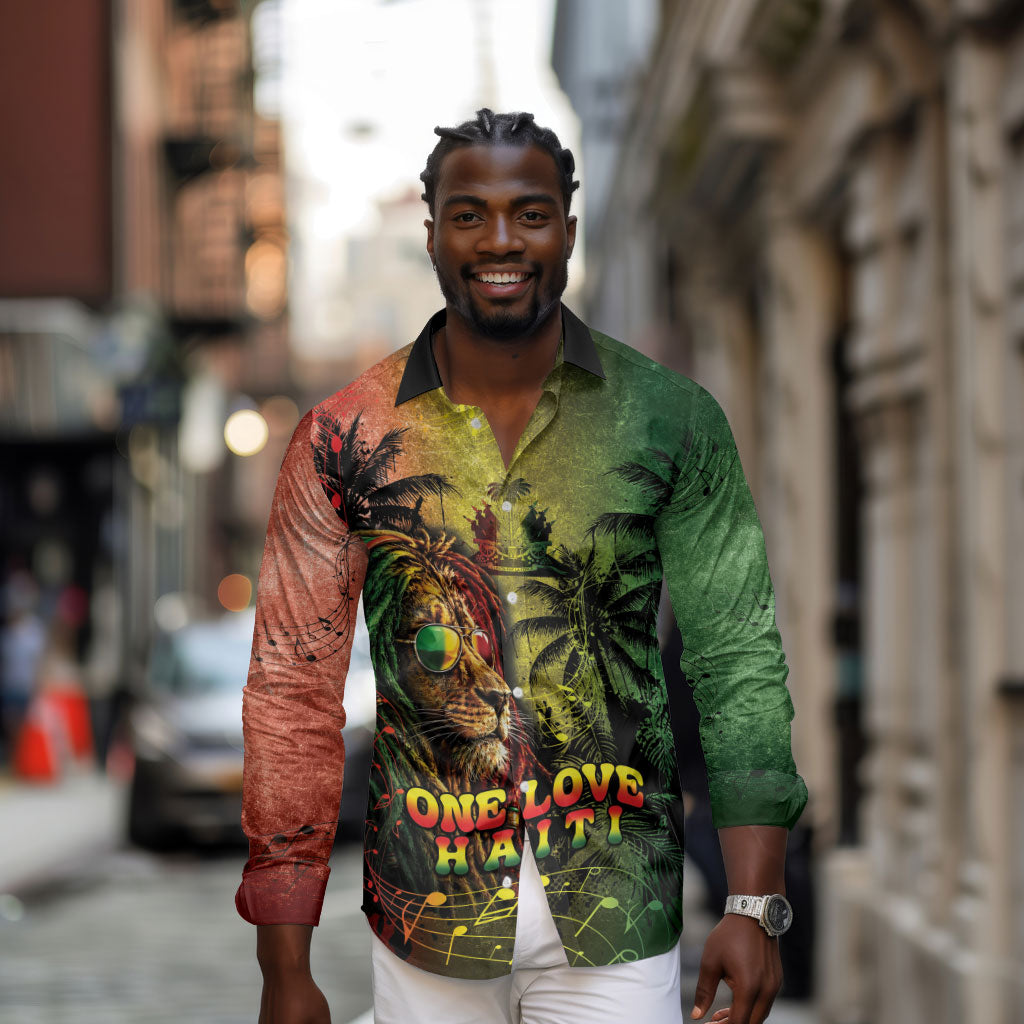 One Love Afro Haiti Long Sleeve Button Shirt Rastafarian Lion Reggae Grunge Style