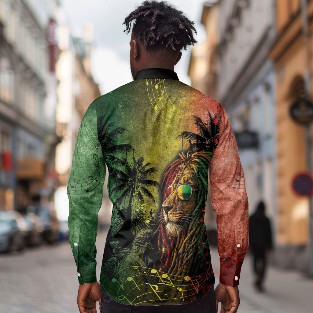 One Love Afro Haiti Long Sleeve Button Shirt Rastafarian Lion Reggae Grunge Style