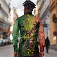 One Love Afro Haiti Long Sleeve Button Shirt Rastafarian Lion Reggae Grunge Style