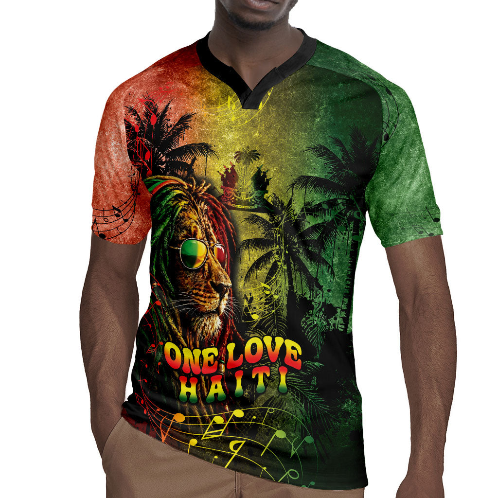 One Love Afro Haiti Rugby Jersey Rastafarian Lion Reggae Grunge Style