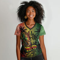 One Love Afro Haiti Women V-Neck T-Shirt Rastafarian Lion Reggae Grunge Style