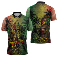 One Love Afro Haiti Zipper Polo Shirt Rastafarian Lion Reggae Grunge Style