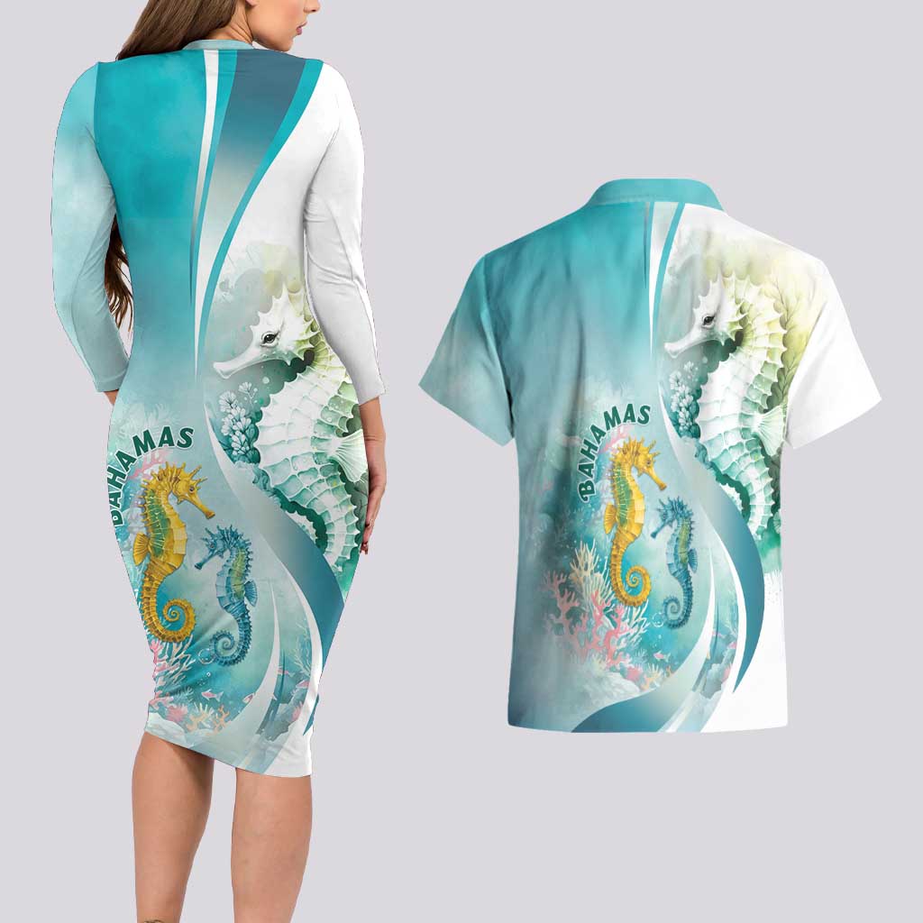 Bahamas Seahorse Couples Matching Long Sleeve Bodycon Dress and Hawaiian Shirt Ocean Spirit - Wonder Print Shop