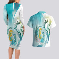 Bahamas Seahorse Couples Matching Long Sleeve Bodycon Dress and Hawaiian Shirt Ocean Spirit - Wonder Print Shop