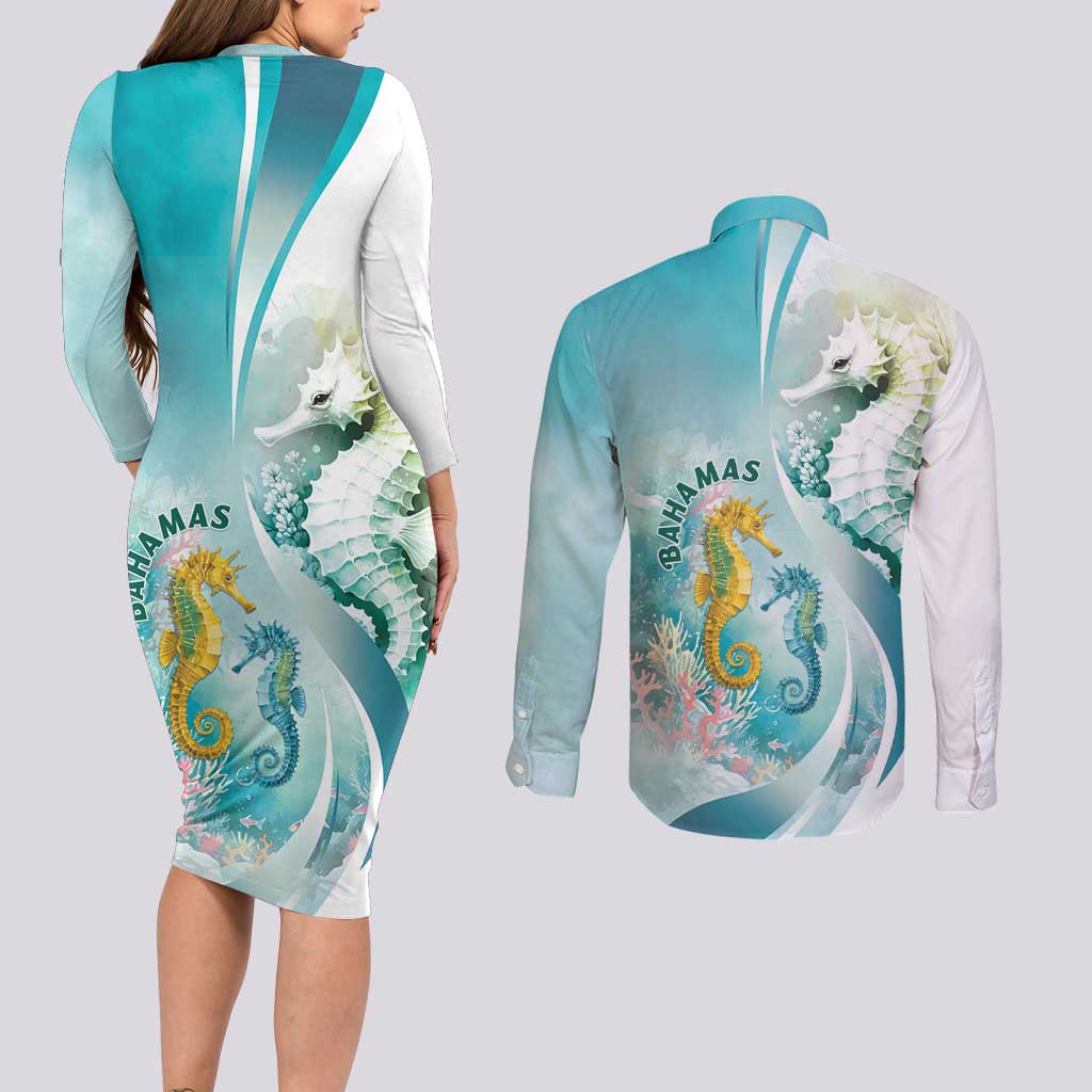 Bahamas Seahorse Couples Matching Long Sleeve Bodycon Dress and Long Sleeve Button Shirt Ocean Spirit - Wonder Print Shop