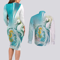Bahamas Seahorse Couples Matching Long Sleeve Bodycon Dress and Long Sleeve Button Shirt Ocean Spirit - Wonder Print Shop