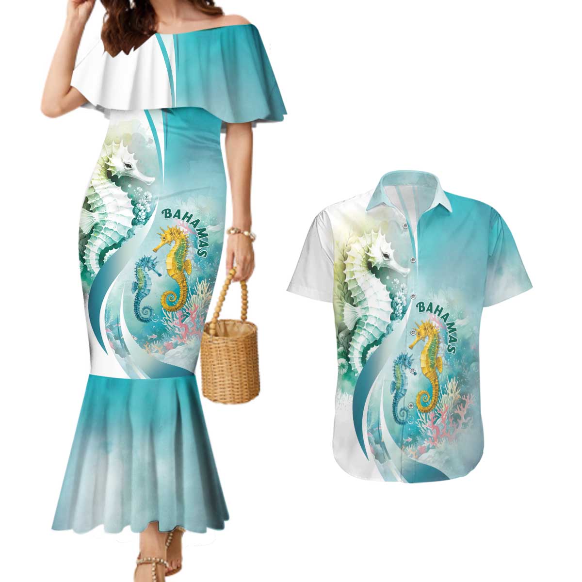 Bahamas Seahorse Couples Matching Mermaid Dress and Hawaiian Shirt Ocean Spirit - Wonder Print Shop