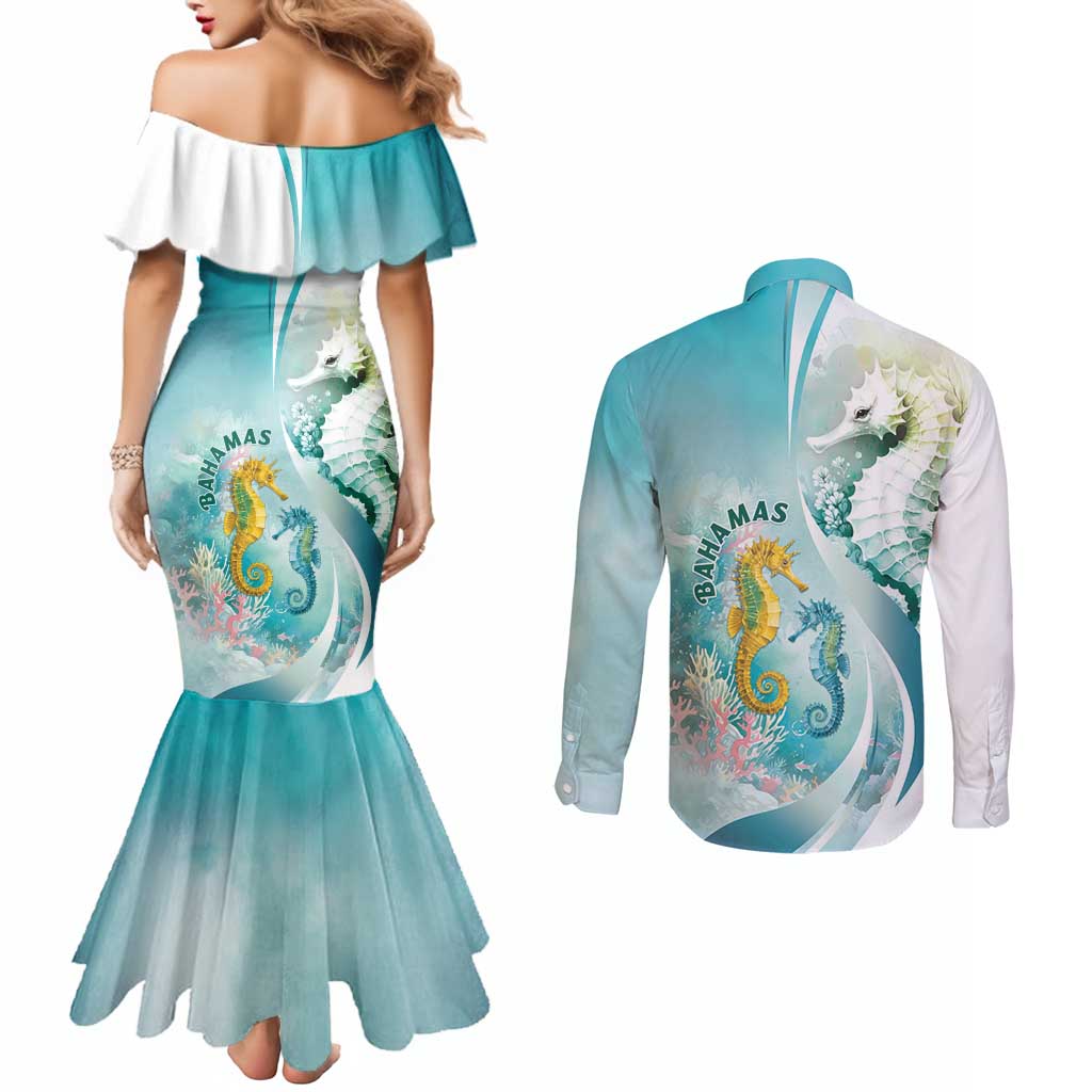 Bahamas Seahorse Couples Matching Mermaid Dress and Long Sleeve Button Shirt Ocean Spirit - Wonder Print Shop
