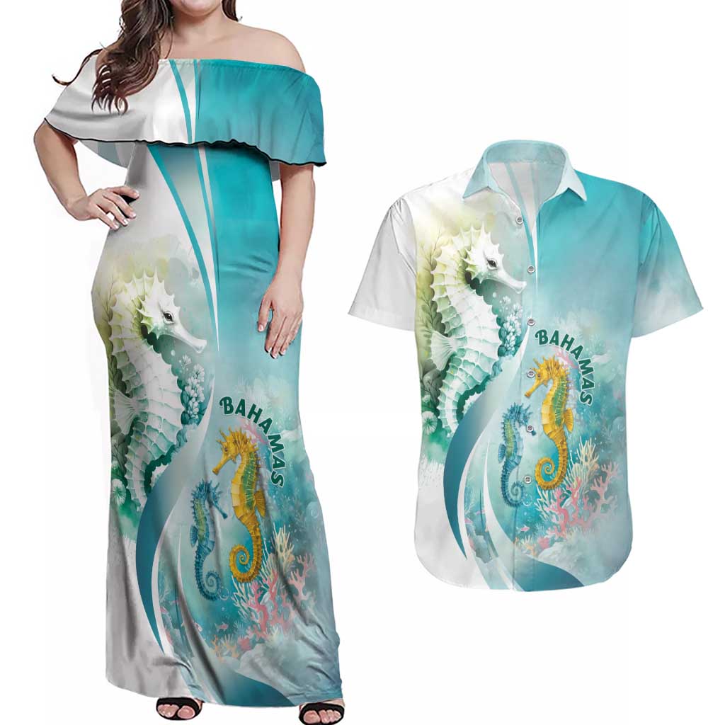 Bahamas Seahorse Couples Matching Off Shoulder Maxi Dress and Hawaiian Shirt Ocean Spirit - Wonder Print Shop