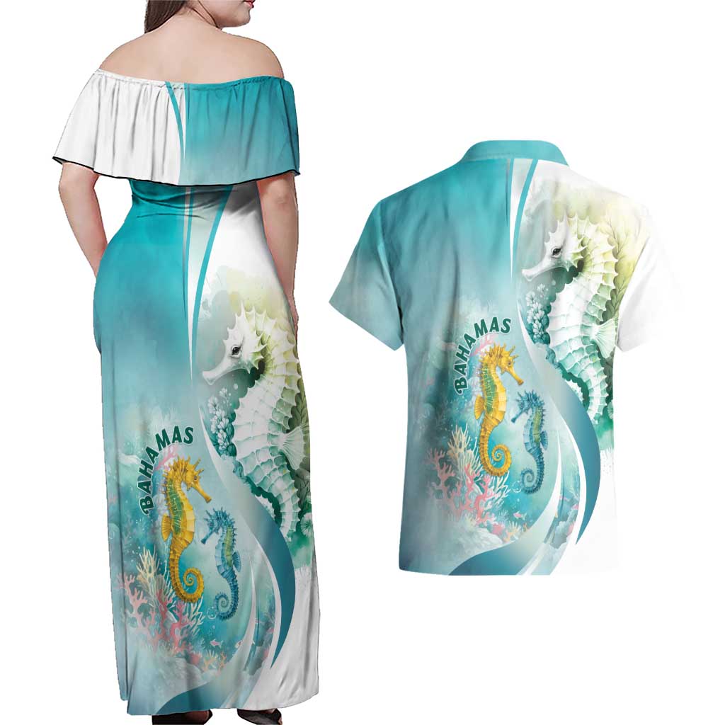 Bahamas Seahorse Couples Matching Off Shoulder Maxi Dress and Hawaiian Shirt Ocean Spirit - Wonder Print Shop