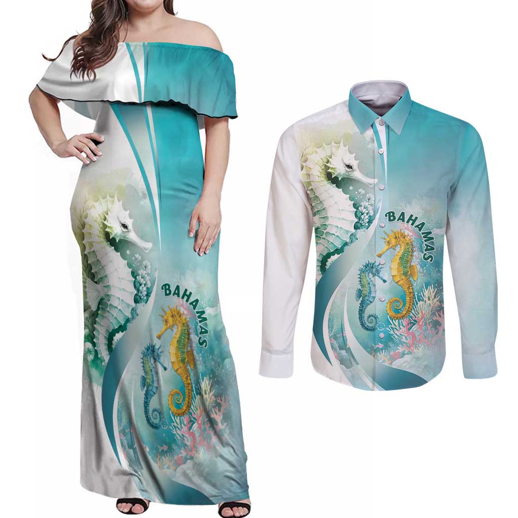 Bahamas Seahorse Couples Matching Off Shoulder Maxi Dress and Long Sleeve Button Shirt Ocean Spirit - Wonder Print Shop