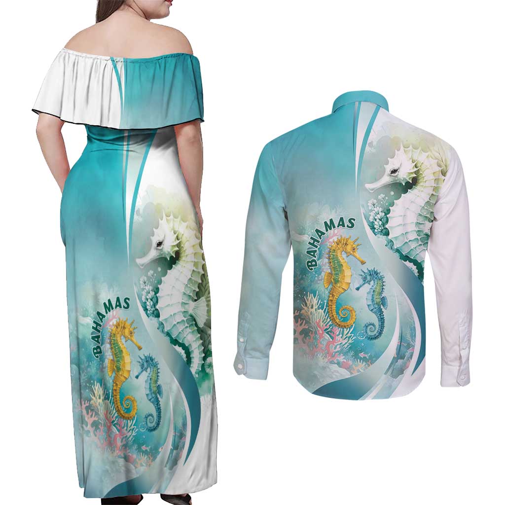 Bahamas Seahorse Couples Matching Off Shoulder Maxi Dress and Long Sleeve Button Shirt Ocean Spirit - Wonder Print Shop