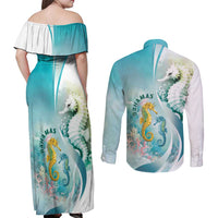 Bahamas Seahorse Couples Matching Off Shoulder Maxi Dress and Long Sleeve Button Shirt Ocean Spirit - Wonder Print Shop