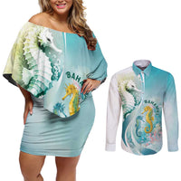 Bahamas Seahorse Couples Matching Off Shoulder Short Dress and Long Sleeve Button Shirt Ocean Spirit - Wonder Print Shop