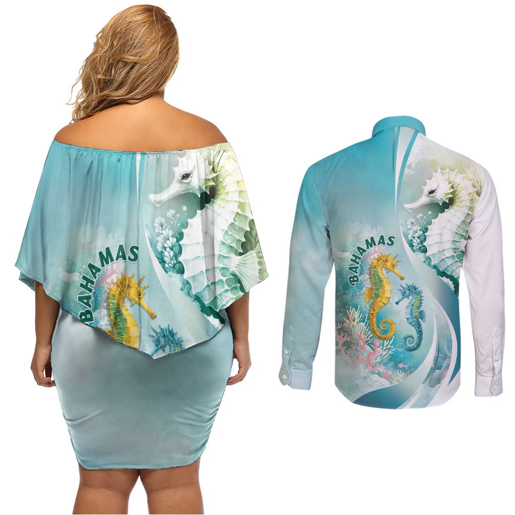 Bahamas Seahorse Couples Matching Off Shoulder Short Dress and Long Sleeve Button Shirt Ocean Spirit - Wonder Print Shop