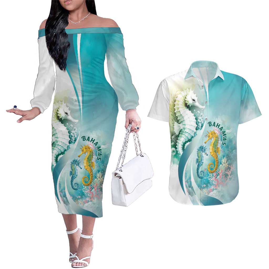 Bahamas Seahorse Couples Matching Off The Shoulder Long Sleeve Dress and Hawaiian Shirt Ocean Spirit - Wonder Print Shop