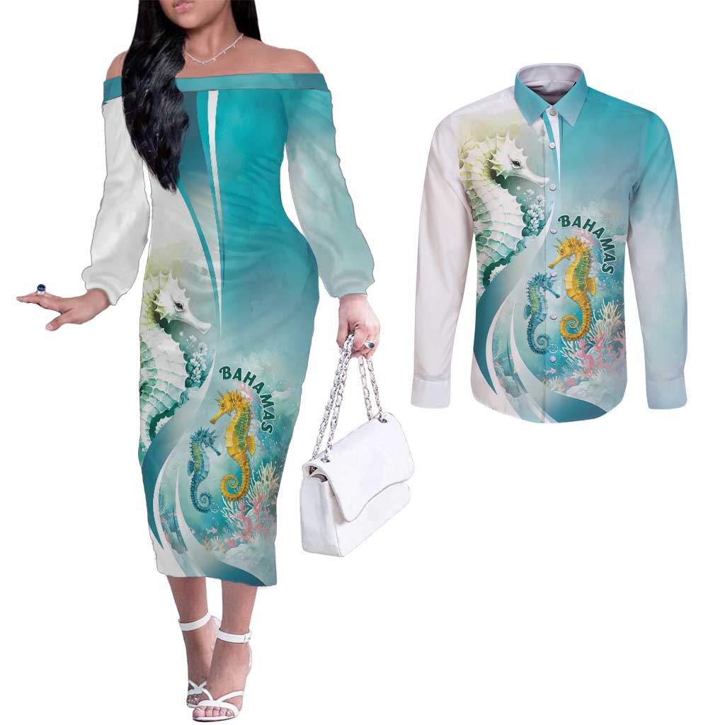 Bahamas Seahorse Couples Matching Off The Shoulder Long Sleeve Dress and Long Sleeve Button Shirt Ocean Spirit - Wonder Print Shop