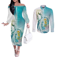 Bahamas Seahorse Couples Matching Off The Shoulder Long Sleeve Dress and Long Sleeve Button Shirt Ocean Spirit - Wonder Print Shop