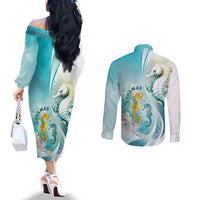 Bahamas Seahorse Couples Matching Off The Shoulder Long Sleeve Dress and Long Sleeve Button Shirt Ocean Spirit - Wonder Print Shop