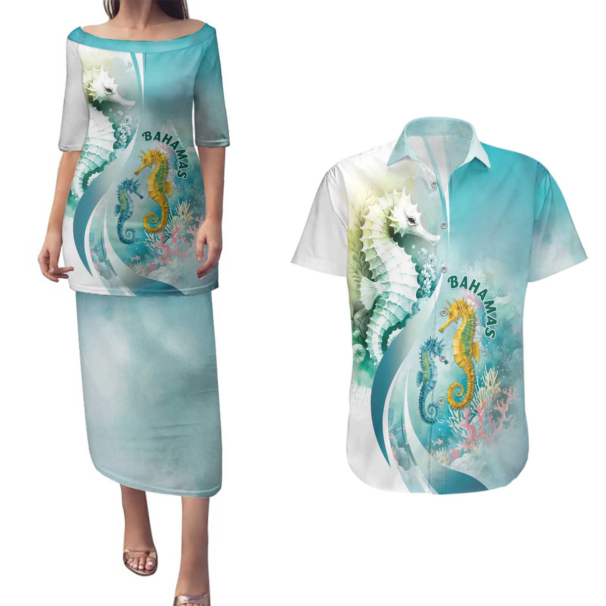 Bahamas Seahorse Couples Matching Puletasi and Hawaiian Shirt Ocean Spirit - Wonder Print Shop
