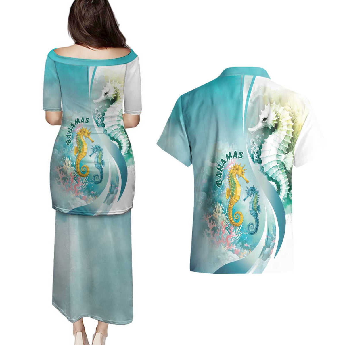 Bahamas Seahorse Couples Matching Puletasi and Hawaiian Shirt Ocean Spirit - Wonder Print Shop