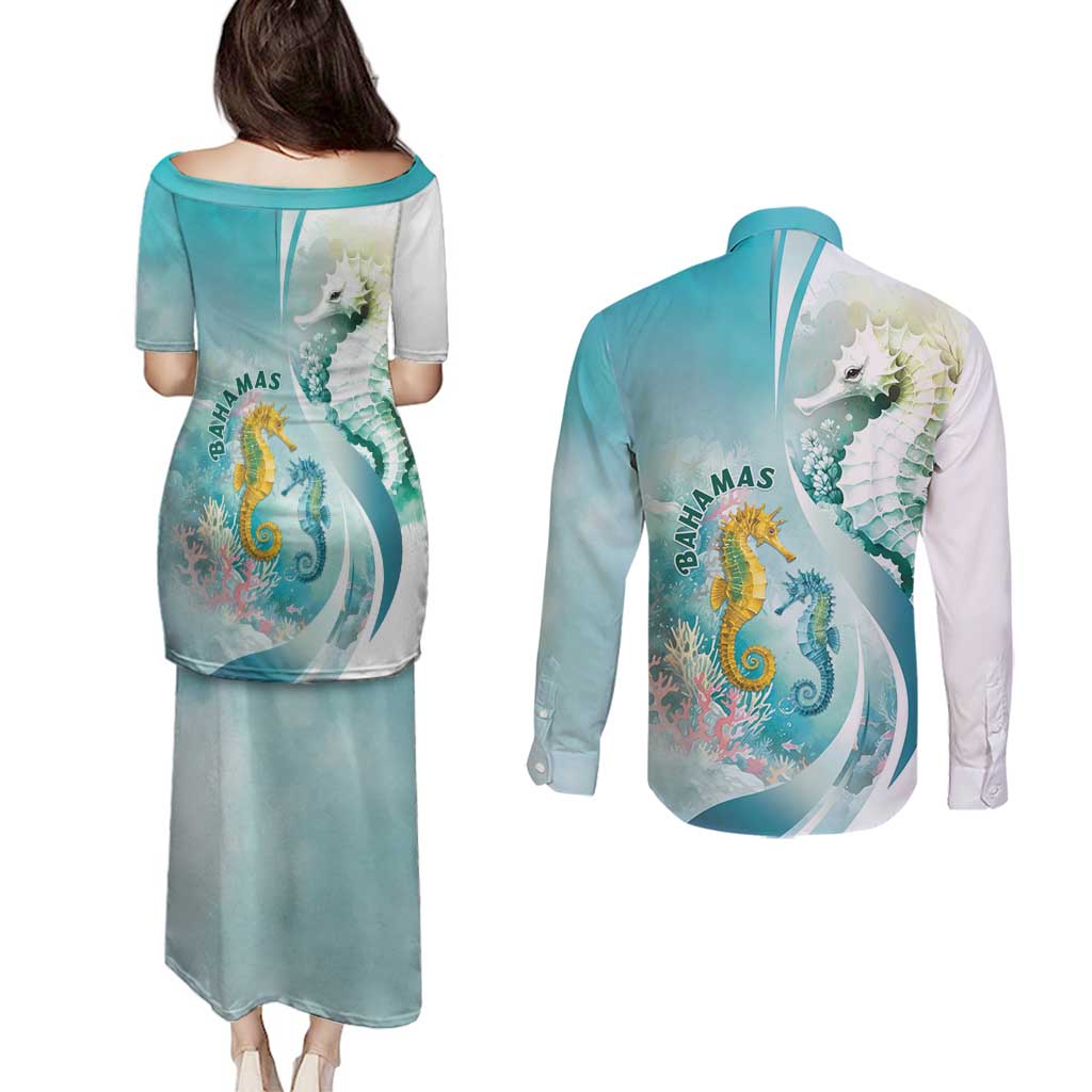 Bahamas Seahorse Couples Matching Puletasi and Long Sleeve Button Shirt Ocean Spirit - Wonder Print Shop