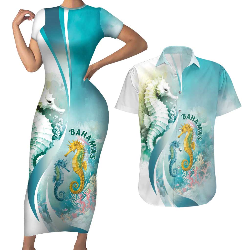 Bahamas Seahorse Couples Matching Short Sleeve Bodycon Dress and Hawaiian Shirt Ocean Spirit - Wonder Print Shop