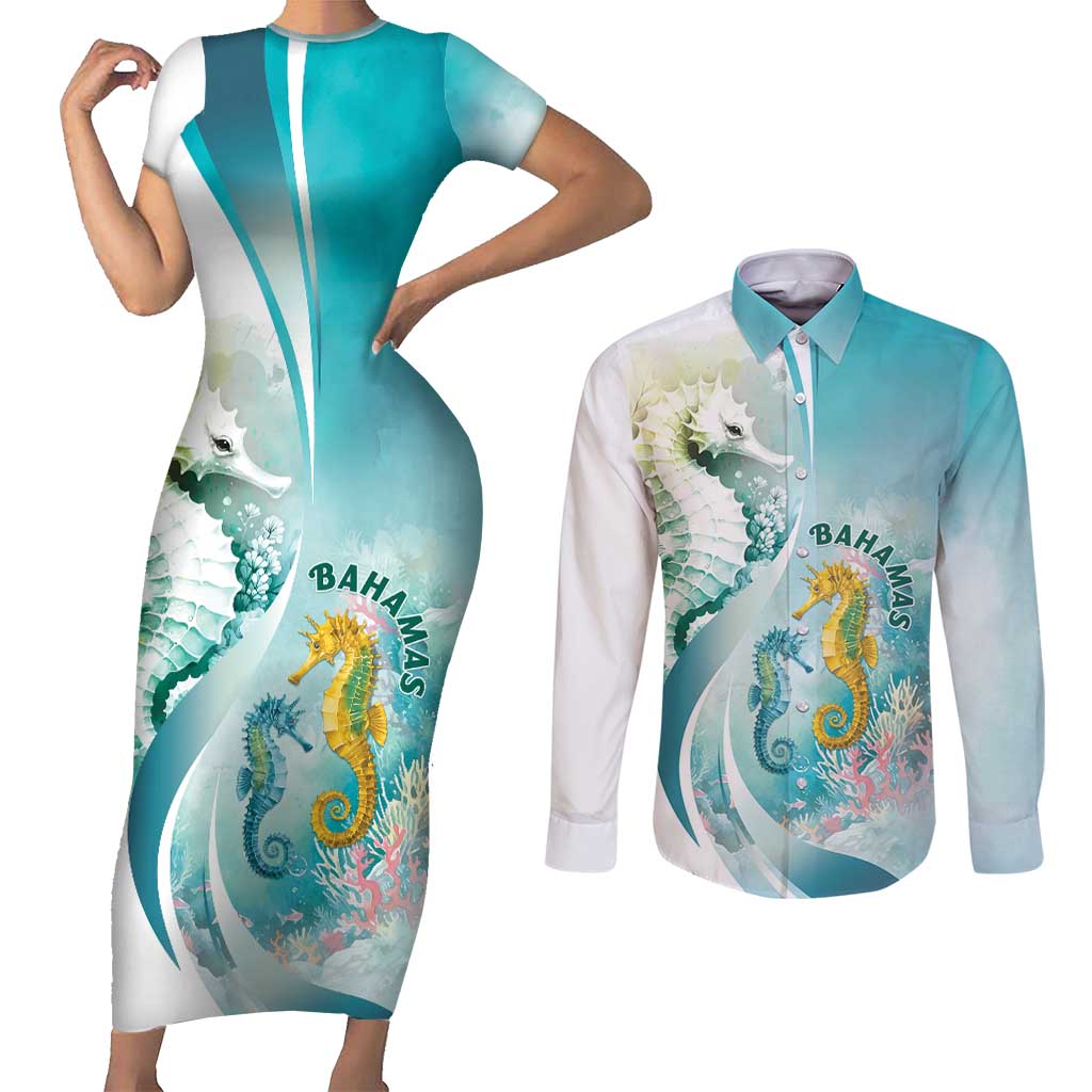 Bahamas Seahorse Couples Matching Short Sleeve Bodycon Dress and Long Sleeve Button Shirt Ocean Spirit - Wonder Print Shop