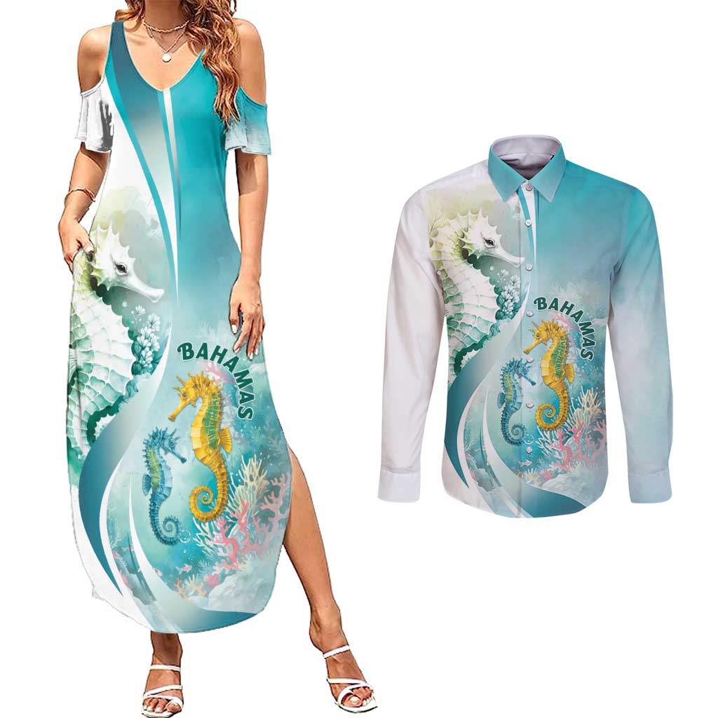 Bahamas Seahorse Couples Matching Summer Maxi Dress and Long Sleeve Button Shirt Ocean Spirit - Wonder Print Shop