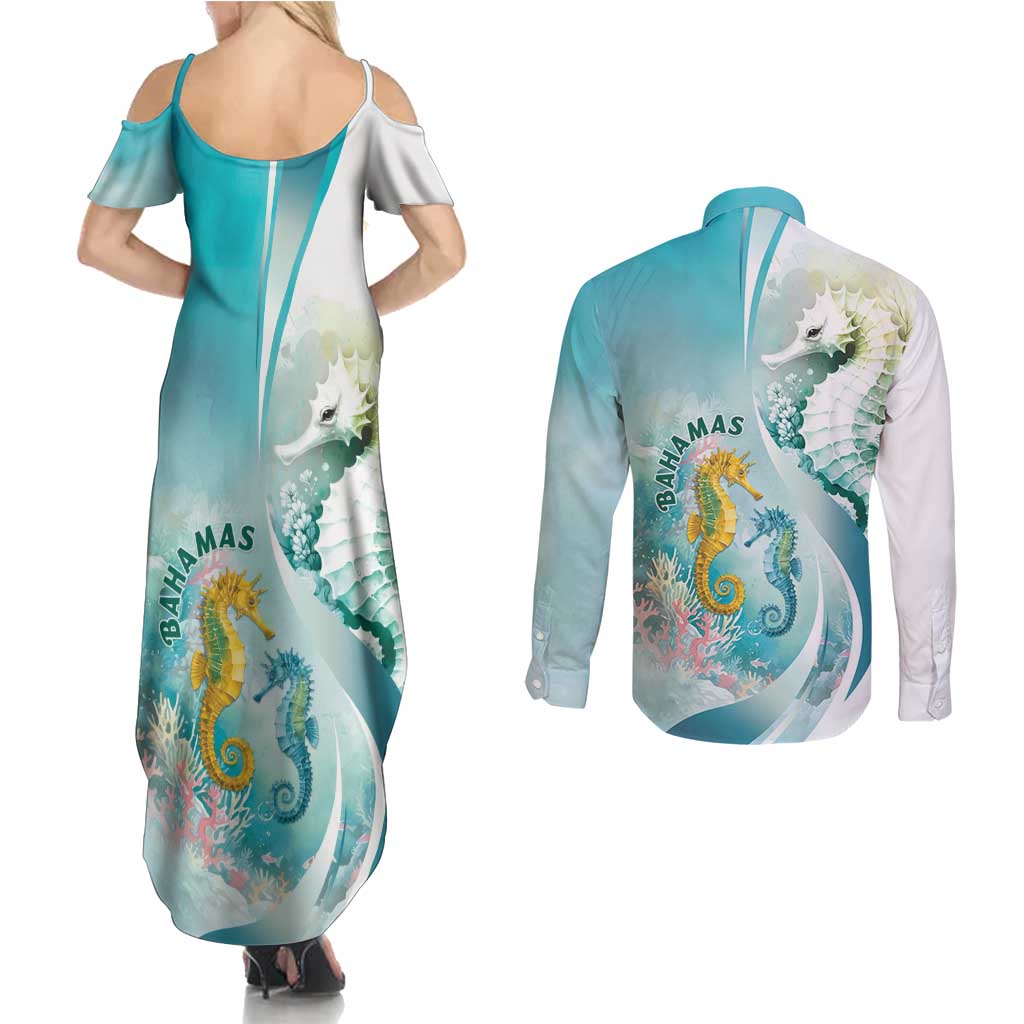 Bahamas Seahorse Couples Matching Summer Maxi Dress and Long Sleeve Button Shirt Ocean Spirit - Wonder Print Shop